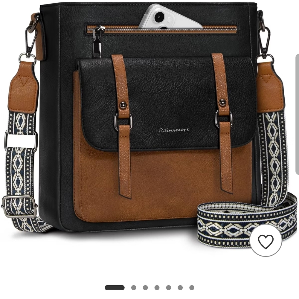 Black and Brown Messenger Crossbody Bag with Patterned Strap